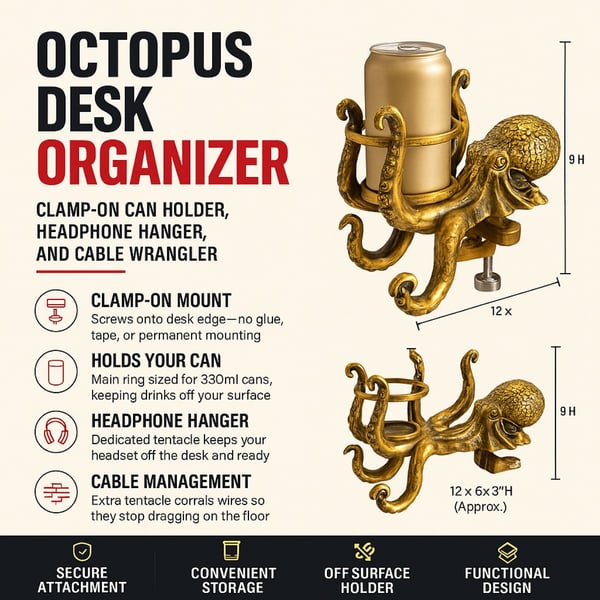 Octopus Desk Can Holder & Headphone Hanger – 3D Printed Clamp-On Desk Organizer